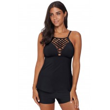 Black Netted Hollow-out Tankini Top