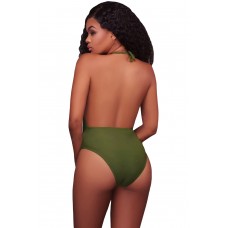 Army Green Caged Front Halter One Piece Swimsuit