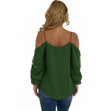Army Green Spaghetti Strap Cold Shoulder Long Sleeve Top