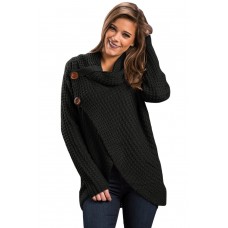 Black Buttoned Wrap Cowl Neck Sweater