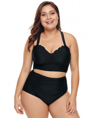 Black Plus Size Scalloped Detail High Waist Bikini Swimsuit